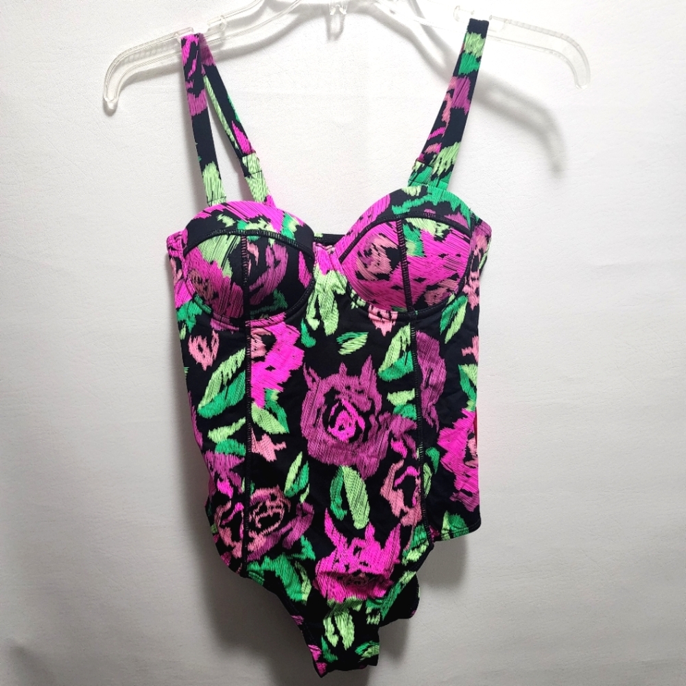 Betsey Johnson Swimsuit Balconette Style Roses Black Pink 1-Pc Size Medium NWT